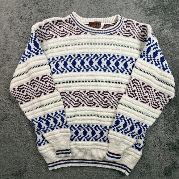 Atlas Other - Atlas USA Mens M Vintage Knit Sweater Cream Fair Isle Patterned Crew Neck